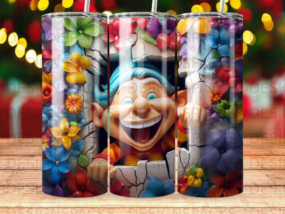 Happy cartoon gnome peeking through cracked wall with colorful flowers.
