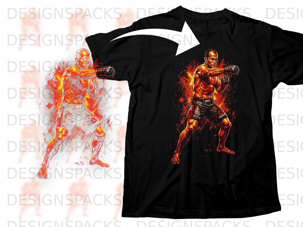 Black t-shirt featuring a graphic of an MMA fighter in a striking pose with red and yellow fire effects.
