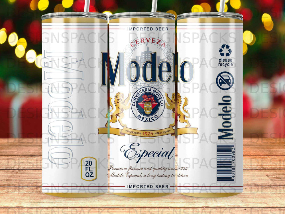 Modelo Especial beer can with "20 FL. OZ." text and a brewery emblem.