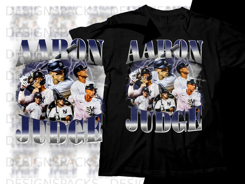 Aaron Judge collage graphic with multiple images of player on black t-shirt.
