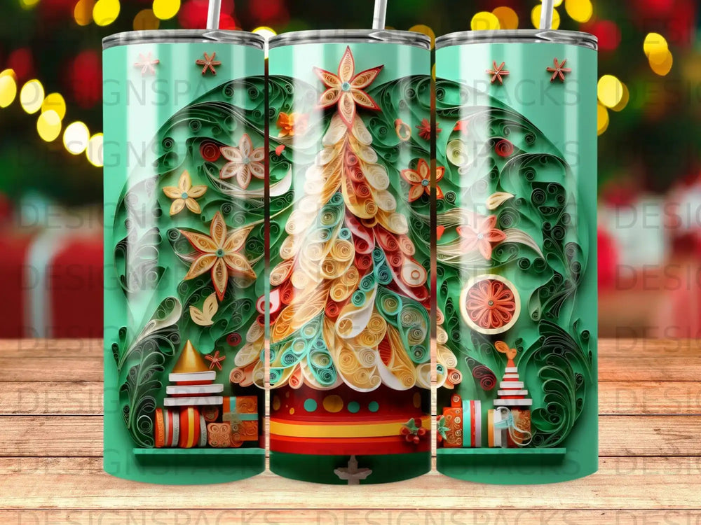 Green tumbler with colorful quilled Christmas tree and presents.