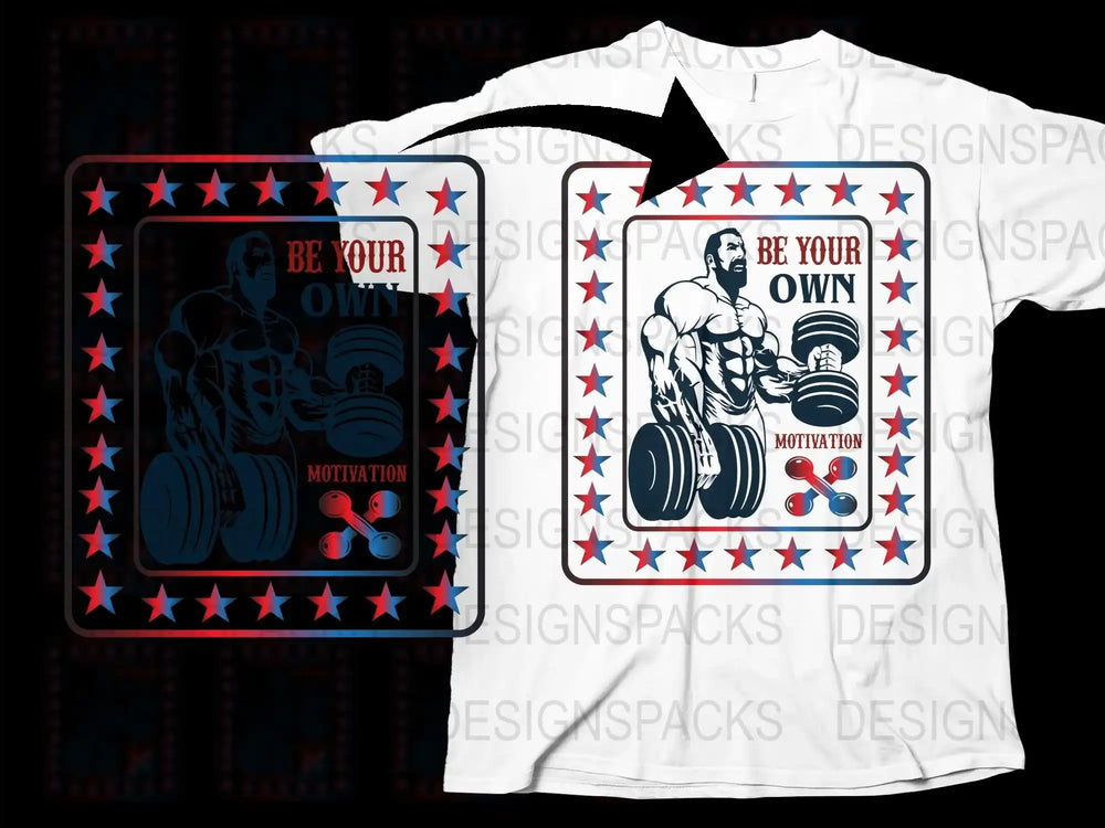 Be Your Own Motivation T-Shirt, Gym Bodybuilding Shirt, Fitness Inspiration Tee, Workout Graphic Shirt with Stars and Dumbbells