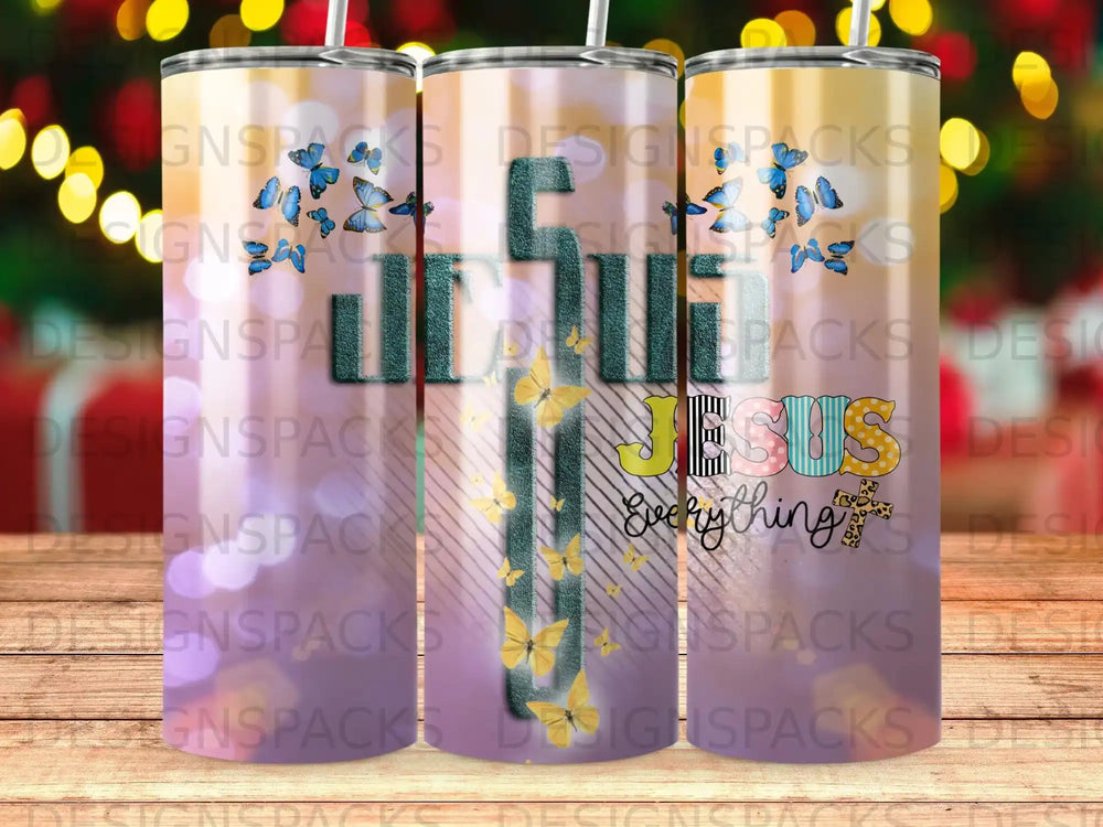 Sublimation tumbler wrap with "Jesus Everything" text and floral accents.