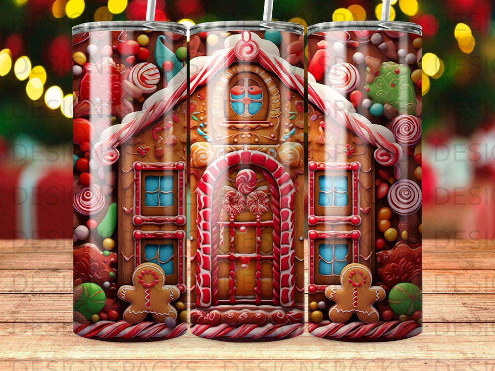 Gingerbread house tumbler with candy canes, gumdrops, and gingerbread men decorations.