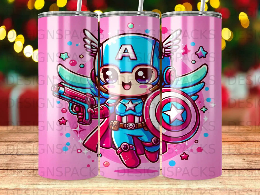 Chibi Captain America character with shield and blaster on pink background.