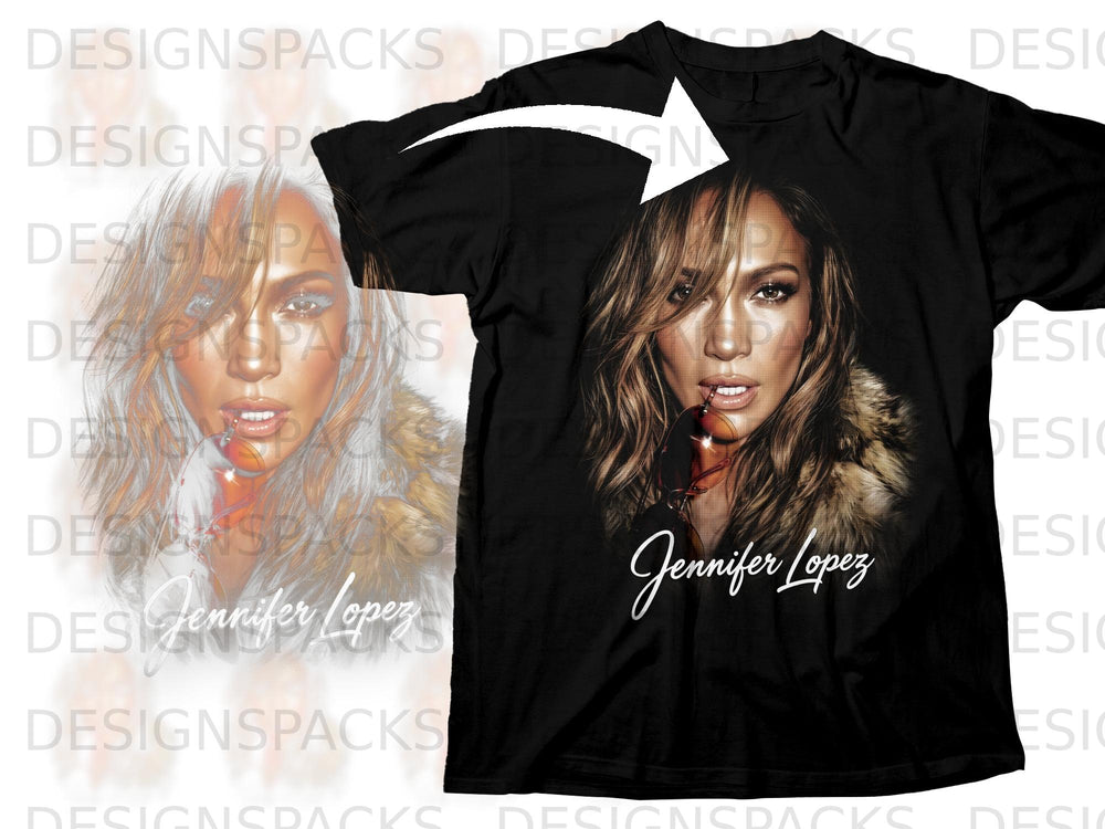Black t-shirt featuring a portrait of Jennifer Lopez with sunglasses and fur collar.
