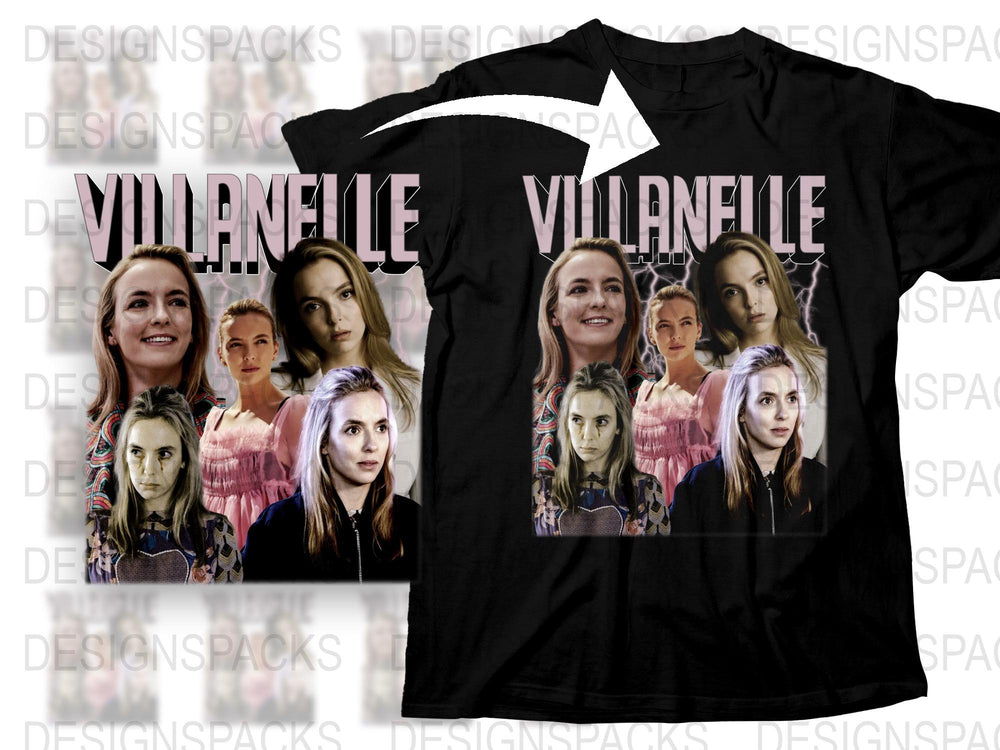 Villanelle Inspired Graphic T-Shirt, Fan Tee, Multiple Faces Design, Fashionable Unisex Top, Black Cotton Shirt