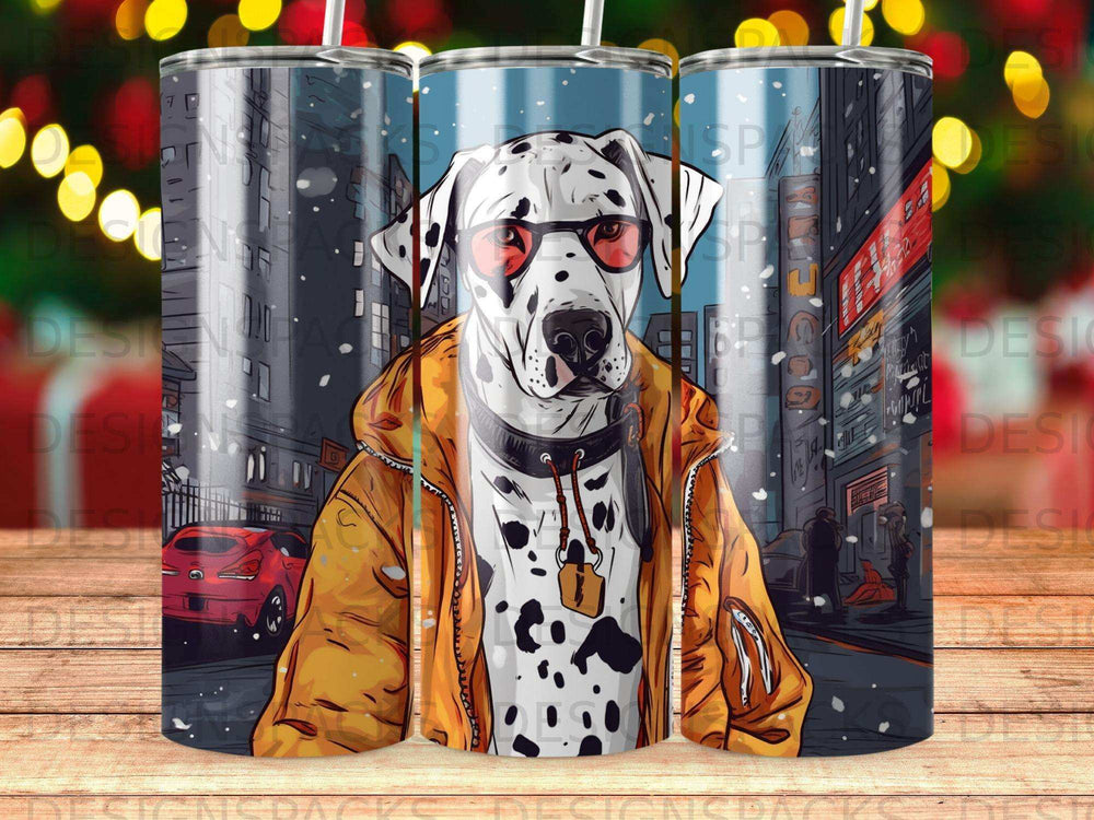Dalmatian wearing sunglasses and jacket in a city scene.
