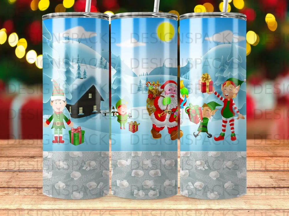 Santa and elves delivering gifts in a snowy village.