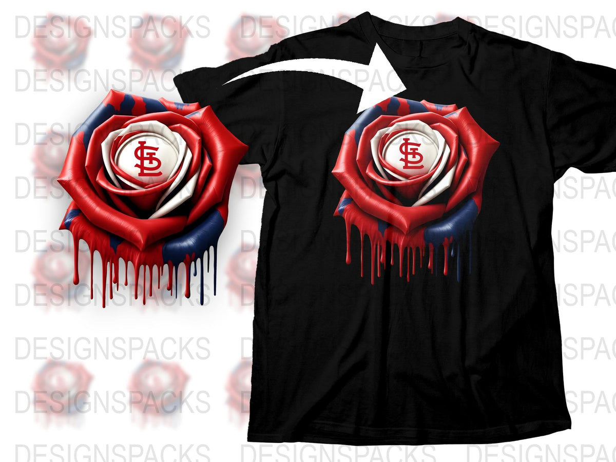 Unique Sports Team Rose Logo T-Shirt, Dripping Paint Design, Red and Blue Graphic Tee, Stylish Fan Apparel