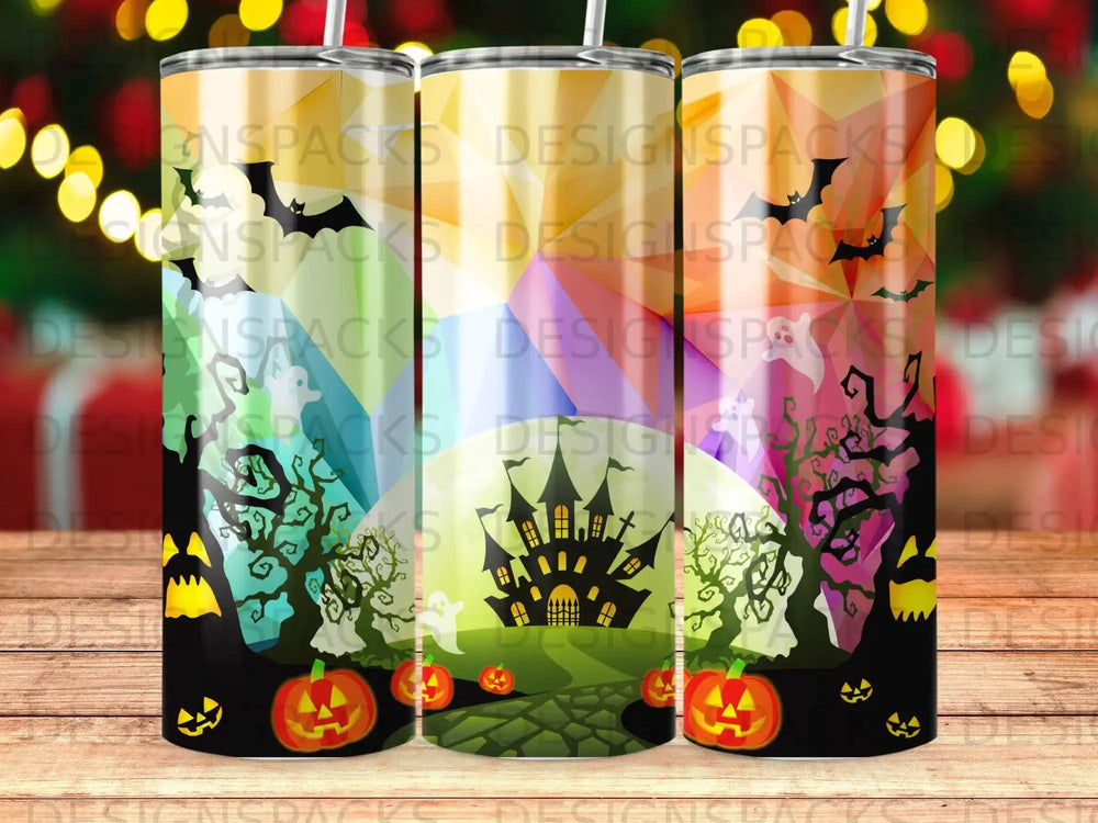 Halloween-themed tumbler with pumpkins, haunted houses, and bats.