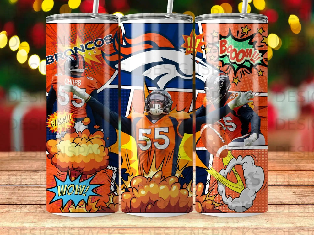Denver Broncos player Chubb #55 in action with comic book style explosions.