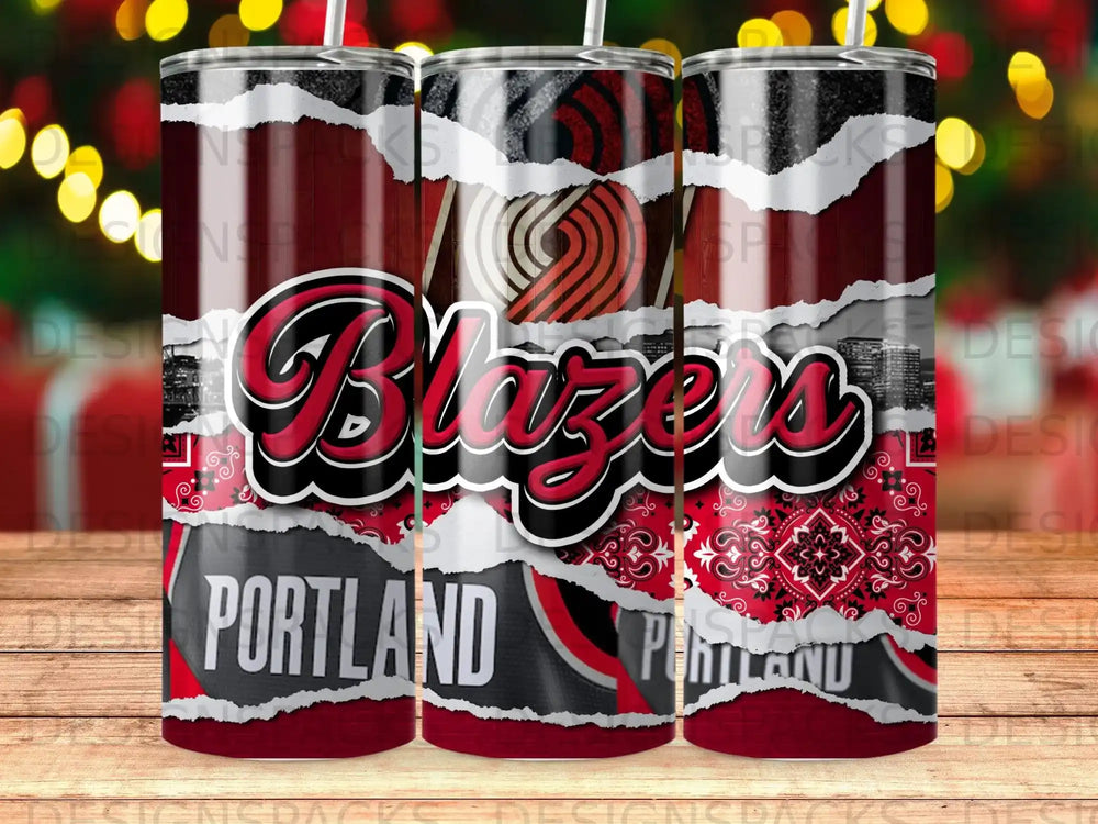 Portland Trail Blazers logo on three insulated tumblers with cityscape background.