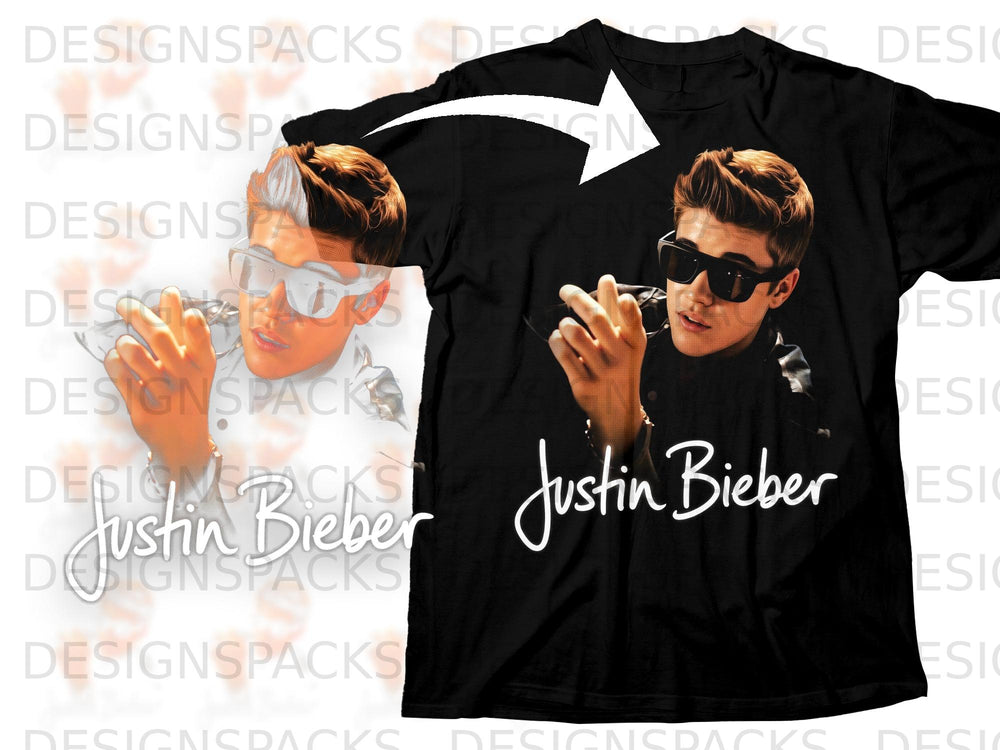 Black t-shirt with a graphic of Justin Bieber and his name.