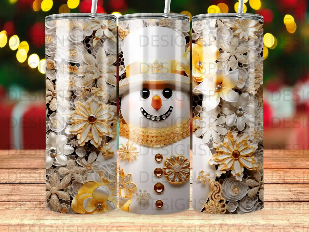 Snowman tumbler with floral and glitter accents.