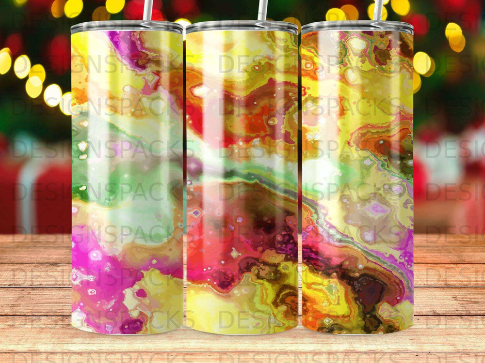 Three tumblers with colorful abstract marbled patterns, each with repeating watermarks.
