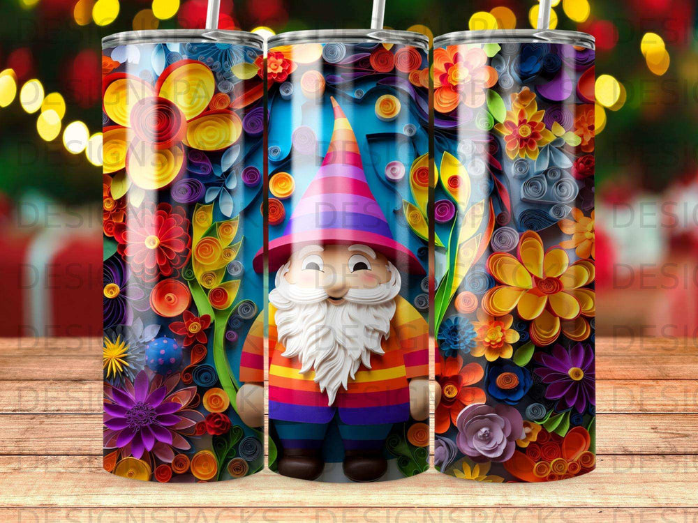 Gnome with colorful floral paper art and a blue doorway.