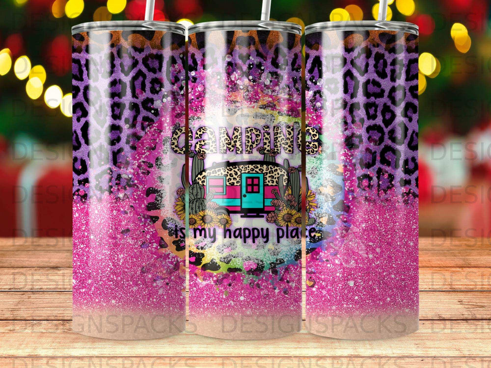 Tumbler with purple leopard print, glitter, and a camping scene with text.