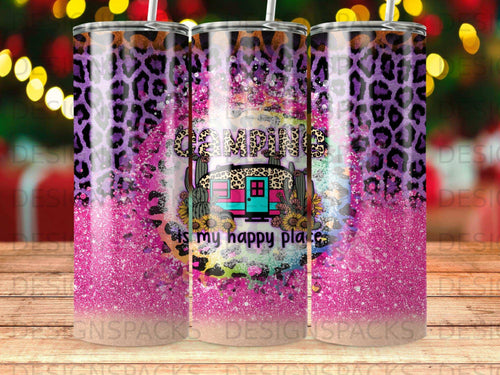Tumbler with purple leopard print, glitter, and a camping scene with text.