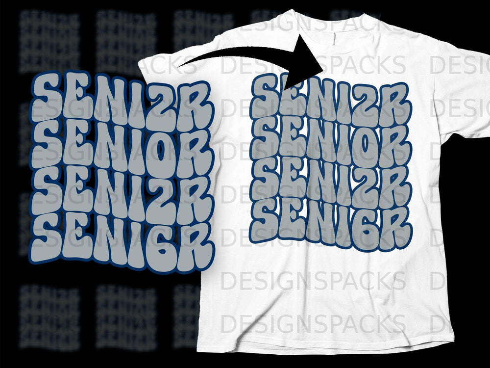 White t-shirt with repeating "SENIOR" text in grey and blue.