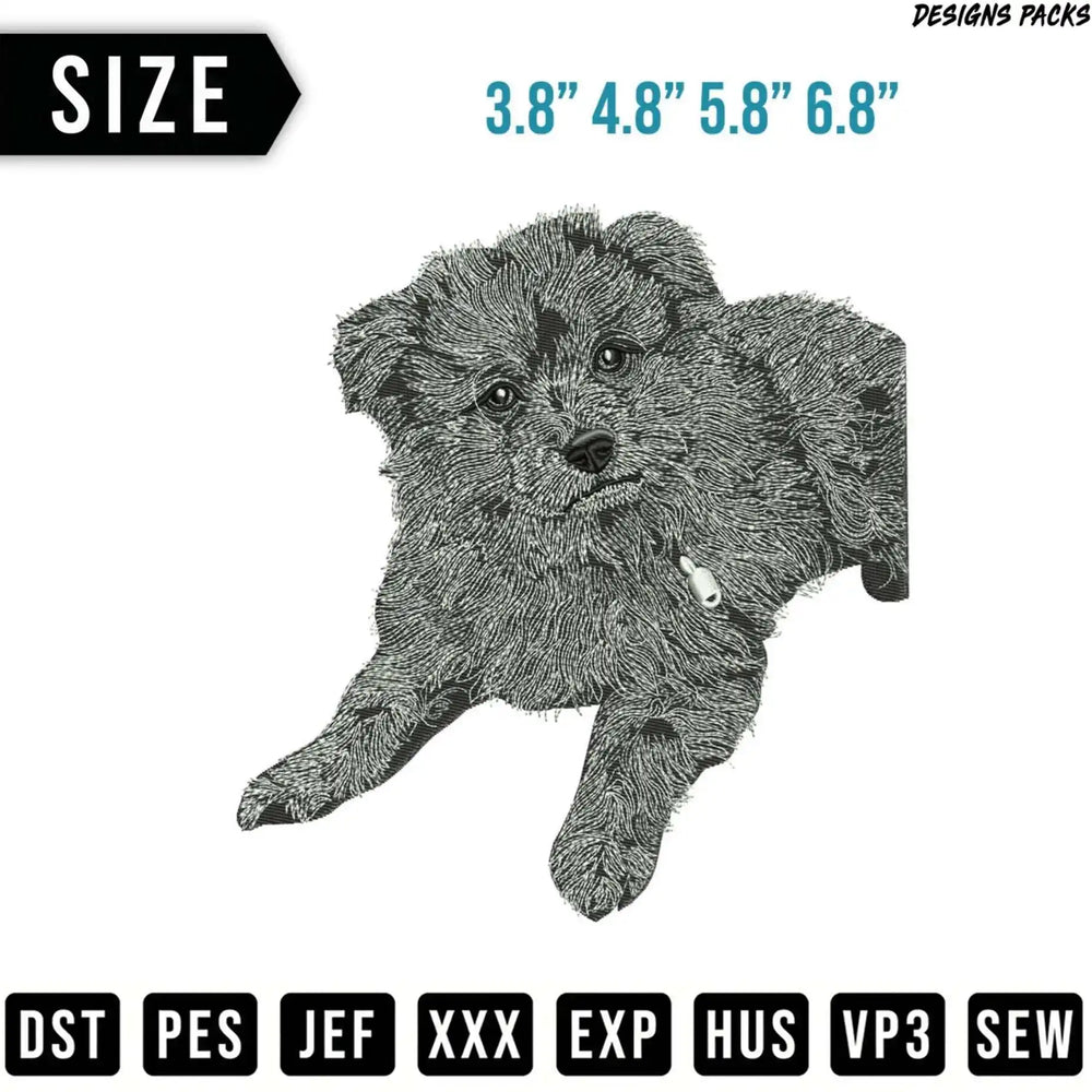 Embroidery design of a fluffy dog with size options and file formats.