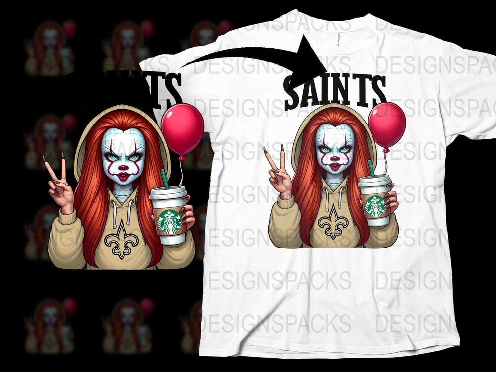 Horror Clown Graphic T-Shirt, Saints Fan Art Tee, Scary Clown with Coffee, Unique Halloween Apparel