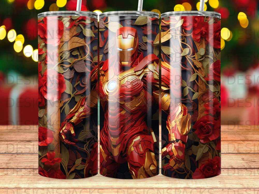 Red and gold Iron Man armor surrounded by red roses and gold leaves.