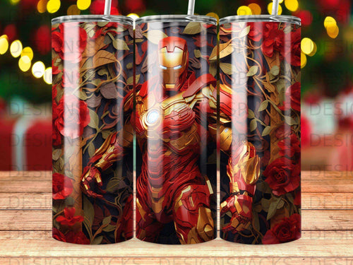 Red and gold Iron Man armor surrounded by red roses and gold leaves.