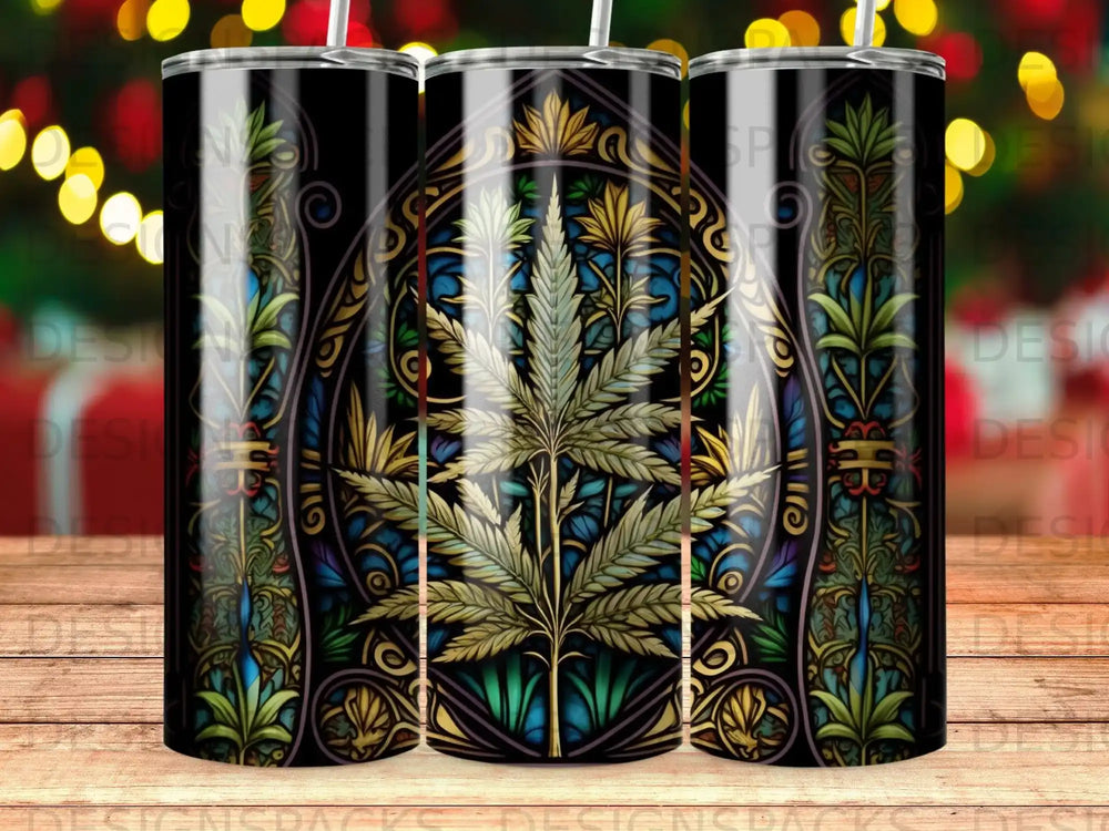 Black tumbler with ornate cannabis leaf and stained-glass design.