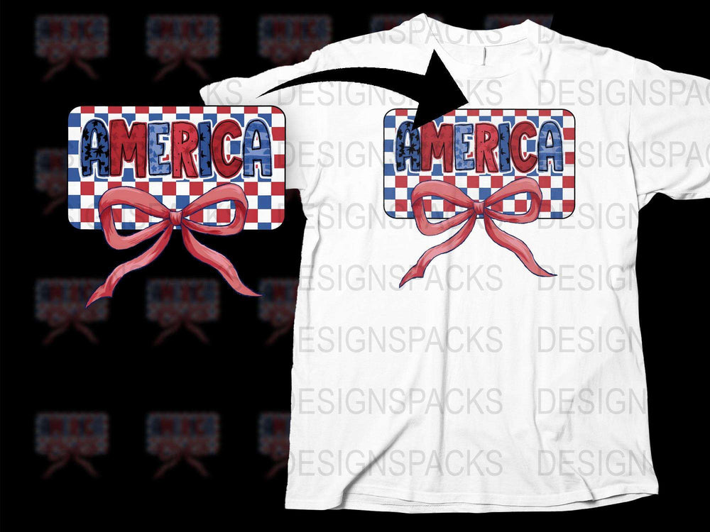 Patriotic America T-Shirt with Checkered Pattern and Bow, Red White Blue, Casual Wear, Unisex Tee