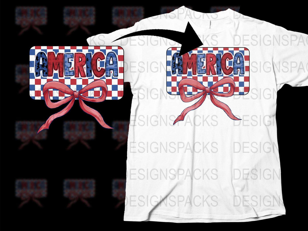 Patriotic America T-Shirt with Checkered Pattern and Bow, Red White Blue, Casual Wear, Unisex Tee