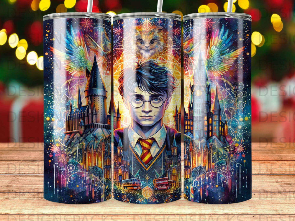 Harry Potter with Hogwarts Castle and owl, vibrant magical starry background.