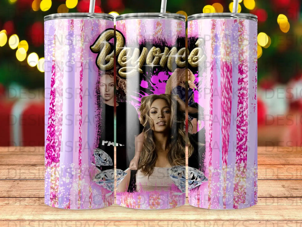 Beyoncé collage on a patterned tumbler with glitter and diamonds.