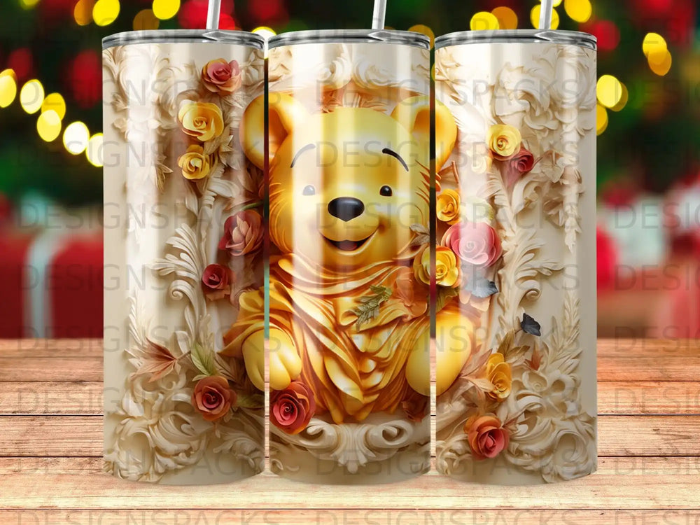 Winnie the Pooh surrounded by ornate floral details and golden embellishments.