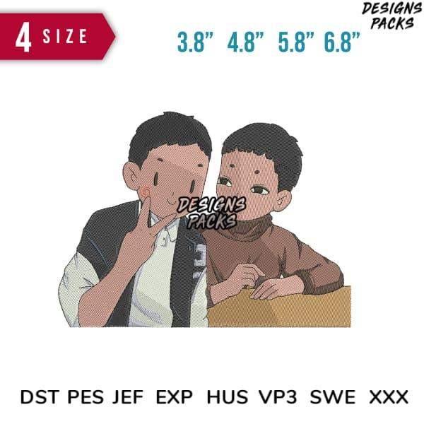 Cute anime-style boys whispering, available in 4 sizes for embroidery & DTF/DTG, instant download