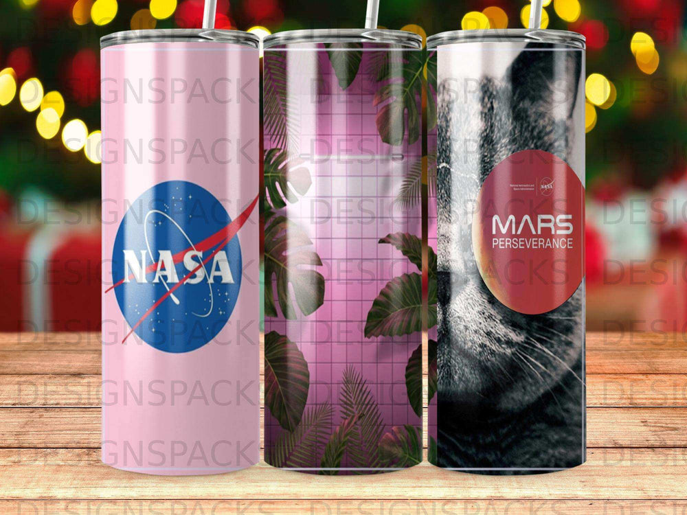 Three tumblers, two with NASA logos, one with Mars Perseverance mission details.