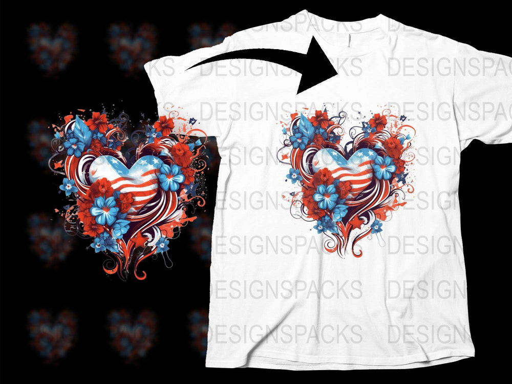 Patriotic Heart T-Shirt, American Flag Print, Red White Blue Floral Design, Unisex Graphic Tee
