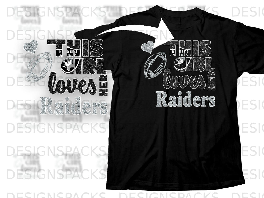 This girl loves her Raiders text and football graphic on a black t-shirt.