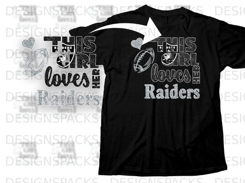 This girl loves her Raiders text and football graphic on a black t-shirt.