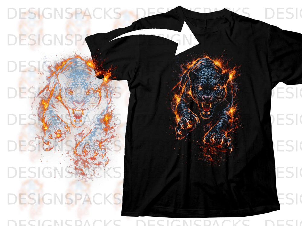Black t-shirt featuring a roaring black panther engulfed in flames.