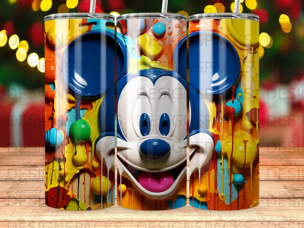 Mickey Mouse face with colorful paint drips and blobs.
