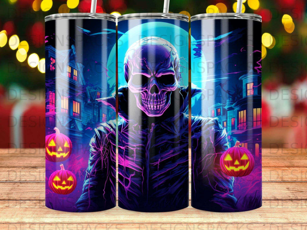 Skull with glowing eyes and pumpkin heads on a spooky haunted house background.