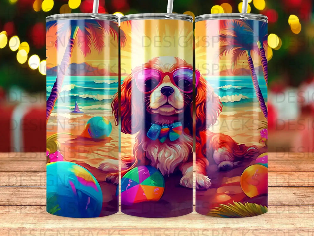 Dog with sunglasses and bow tie on beach with colorful balls.