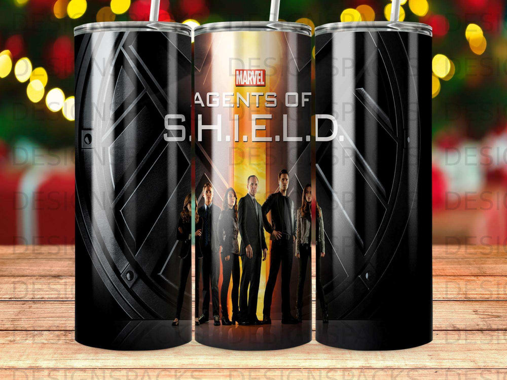 Agents of S.H.I.E.L.D. logo and team standing against a dark, textured background.