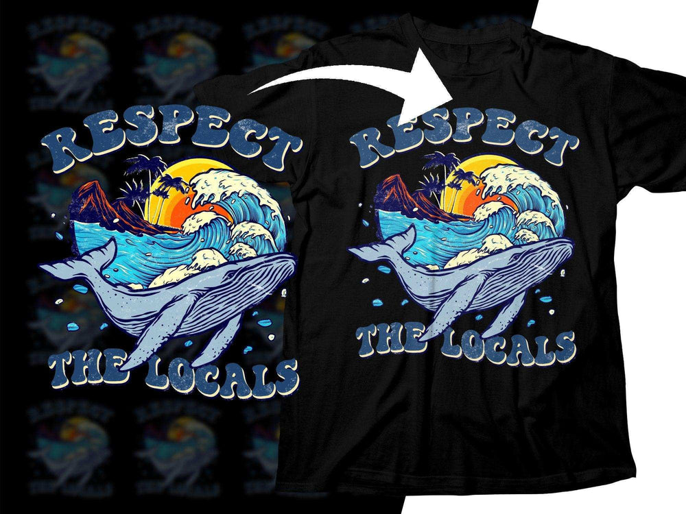 Black t-shirt with whale, waves, sunset, and 'Respect The Locals' design