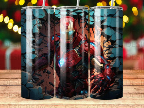 Iron Man bursting through a cracked wall, red and gold suit, blue glowing chest plate.