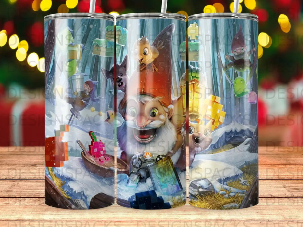 Gnome playing video games in snowy forest with pixelated trees and characters.