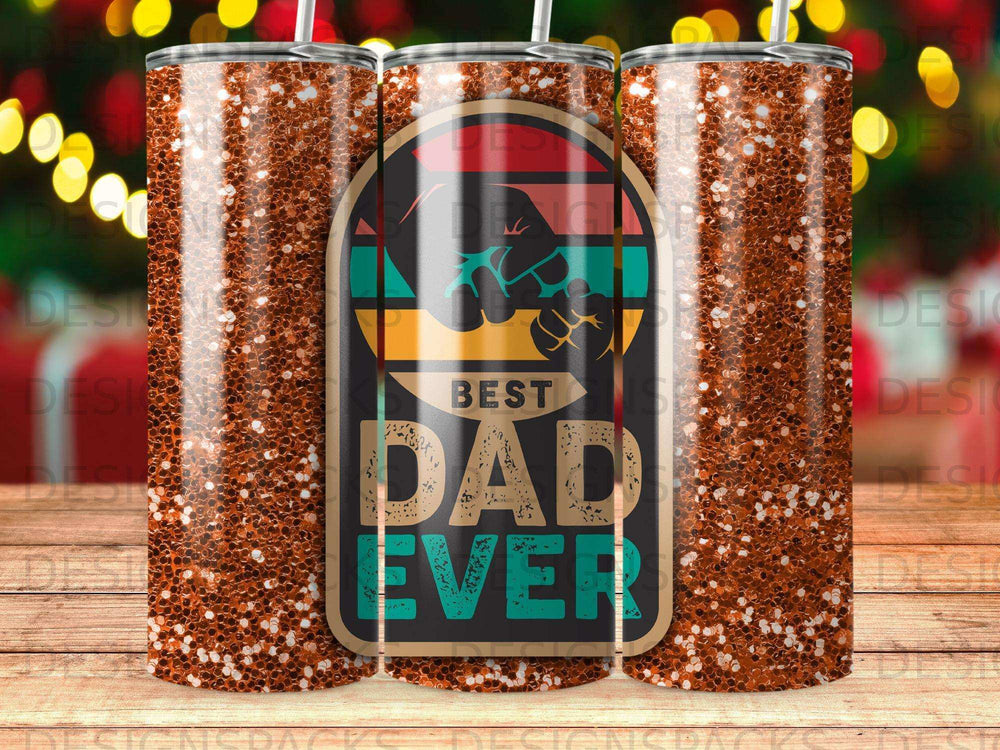 "Best Dad Ever" tumbler with a fist graphic and glitter design.