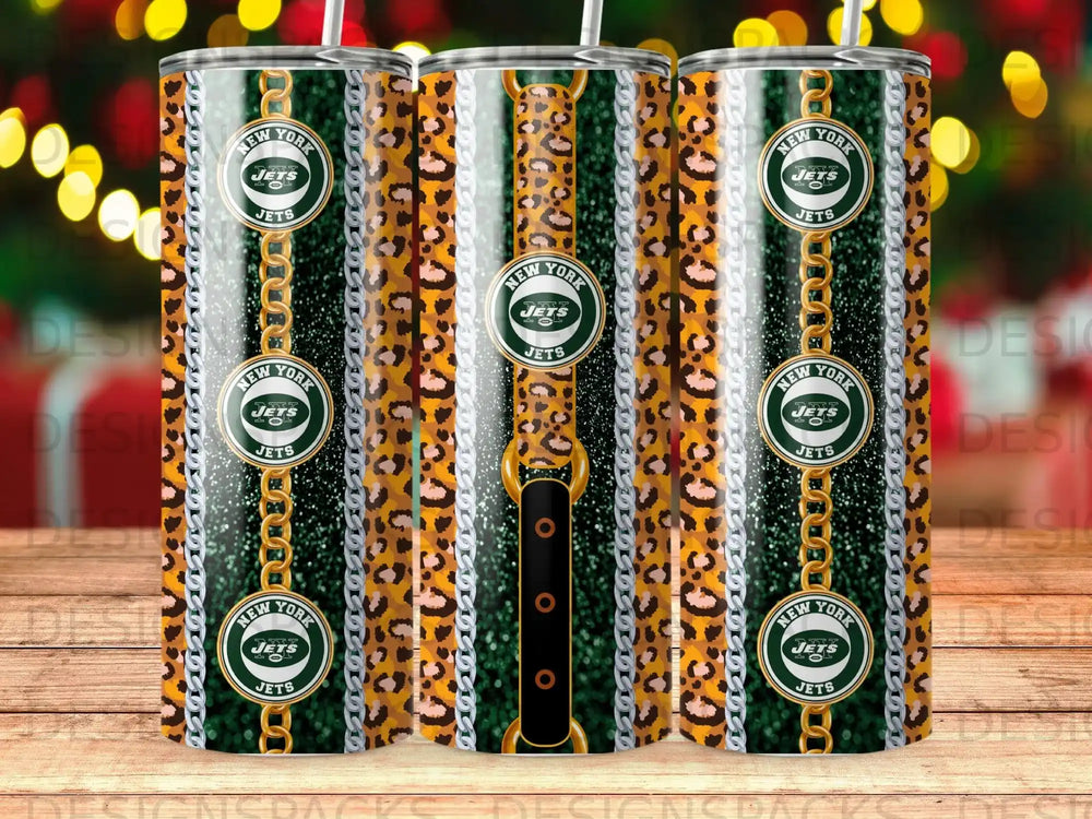 Diseño digital de envoltura para termo de fanático de los Jets, leopardo glamuroso