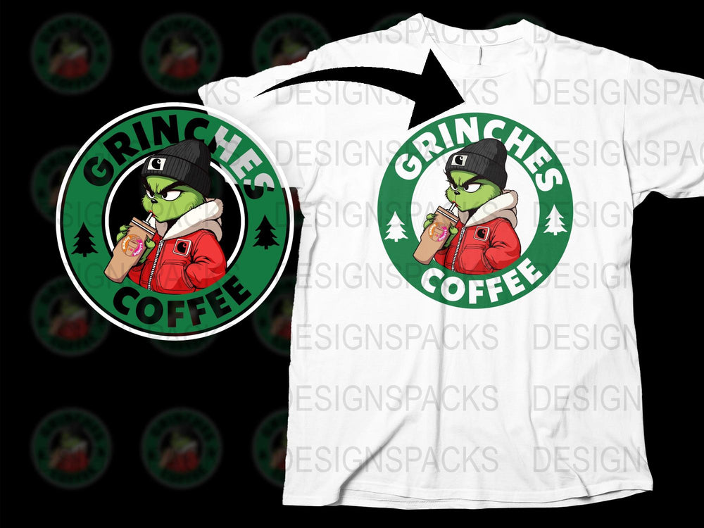 Grinches Coffee Graphic T-Shirt, Funny Christmas Tee, Holiday Casual Wear, Green Monster Design Shirt